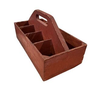 Antique Primitive Wood TOOL CADDY / CARRIER Primitive TOTE Old Red Paint 12”x9”